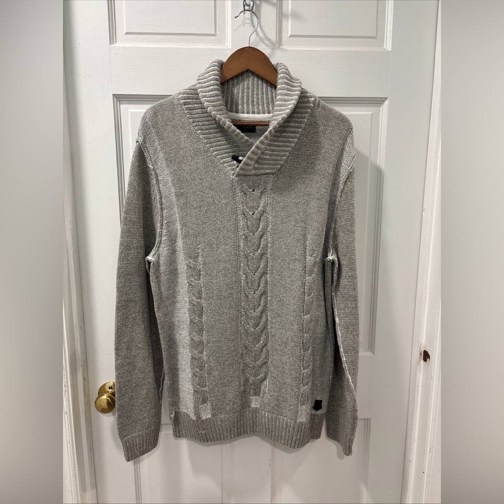 Trash Nouveau Men’s Shawl Neck Cable Knit Sweater Sz L Gray Grandpa Nordic EUC